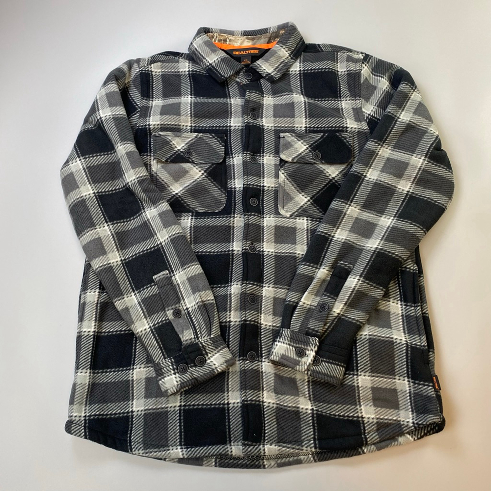 Realtree Shirt Jacket Mens Large Fleece Plaid Black Grey Grunge Workwear Skater